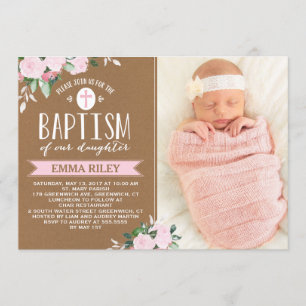 Floral Blooms Kraft   Baby Girl Baptism Invitation