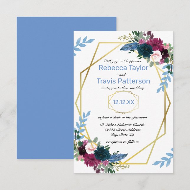 Floral Blooms Mod Blue - 3X5 Wedding Invitation (Front/Back)