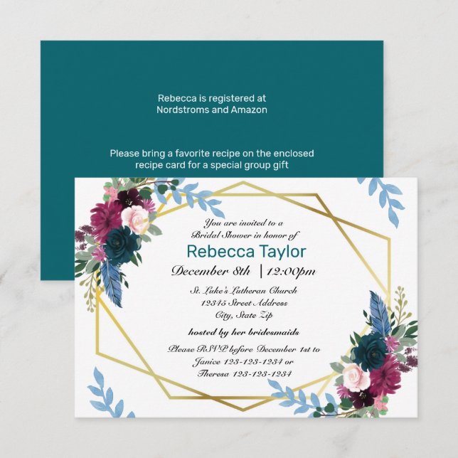 Floral Blooms Mod Teal - 3x5 Bridal Shower Invite (Front/Back)