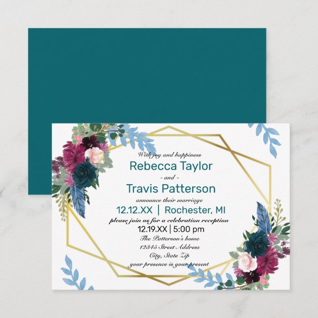 Floral Blooms Mod Teal -3x5 Wedding Announce/Recep Invitation (Front/Back)