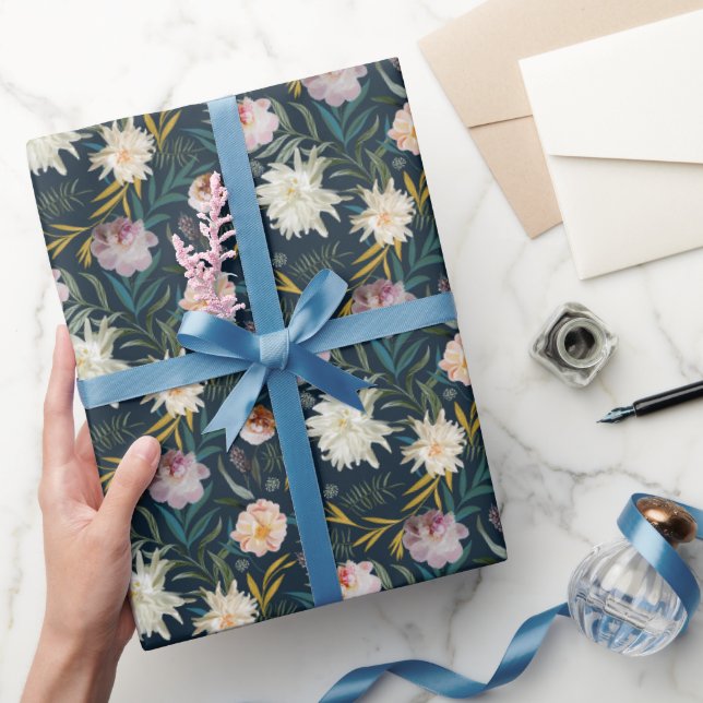 Floral Blooms Navy Painted Wrapping Paper (Gifting)