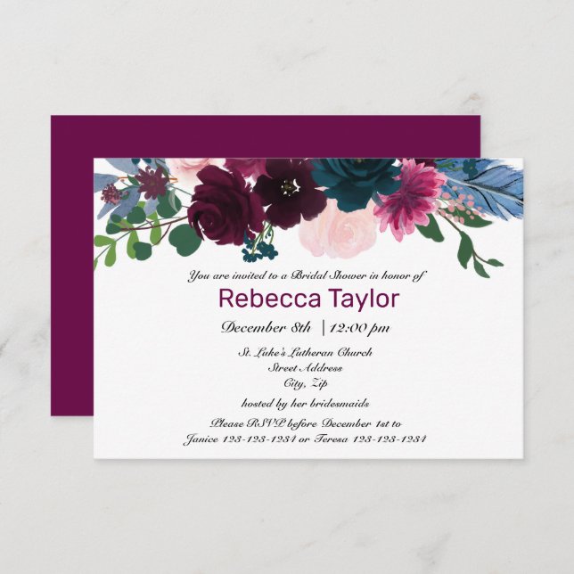 Floral Blooms Plum - 3x5 Bridal Shower Invitation (Front/Back)