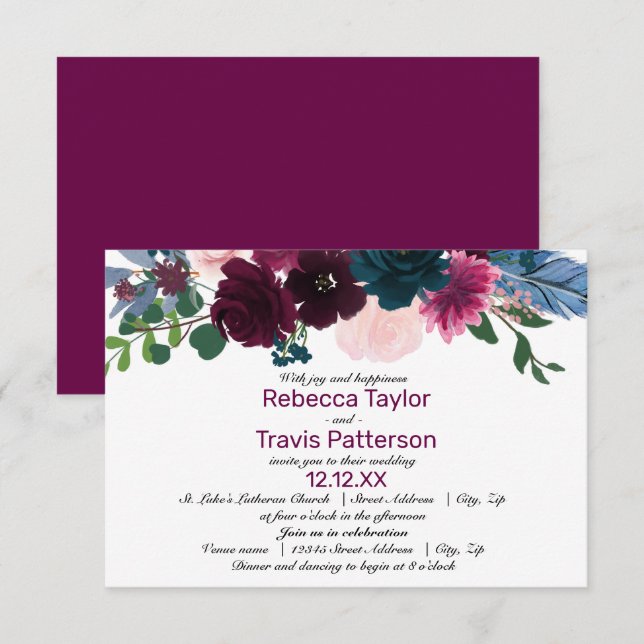 Floral Blooms Plum - 3x5 Wedding/Reception Invite (Front/Back)