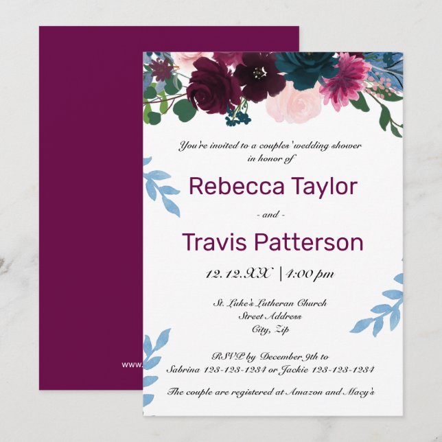 Floral Blooms Plum - Couples' Wedding Shower Invitation (Front/Back)