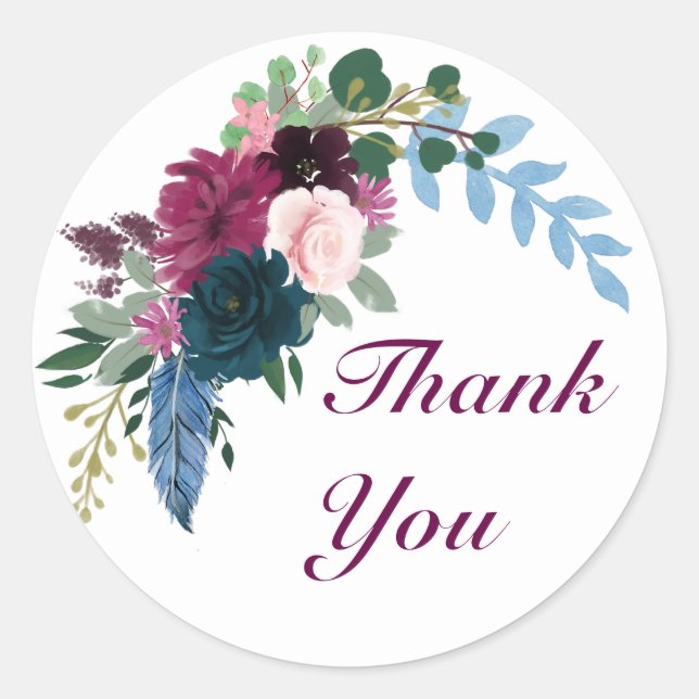 Floral Blooms Plum Thank You - Circle Sticker (Front)