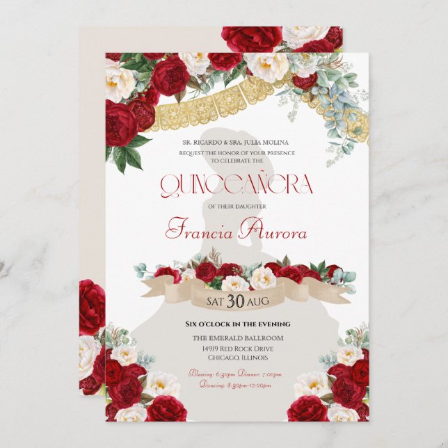 Floral Blooms Red & White Gold Charro Quinceañera Invitation (Front/Back)
