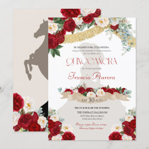Floral Blooms Red & White Gold Charro Quinceañera Invitation