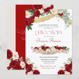 Floral Blooms Red & White Gold Quinceañera Invitation