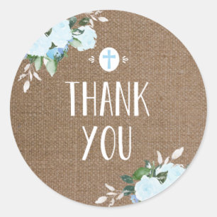 Floral Blooms Religious Thanks Sticker Burlap Blue