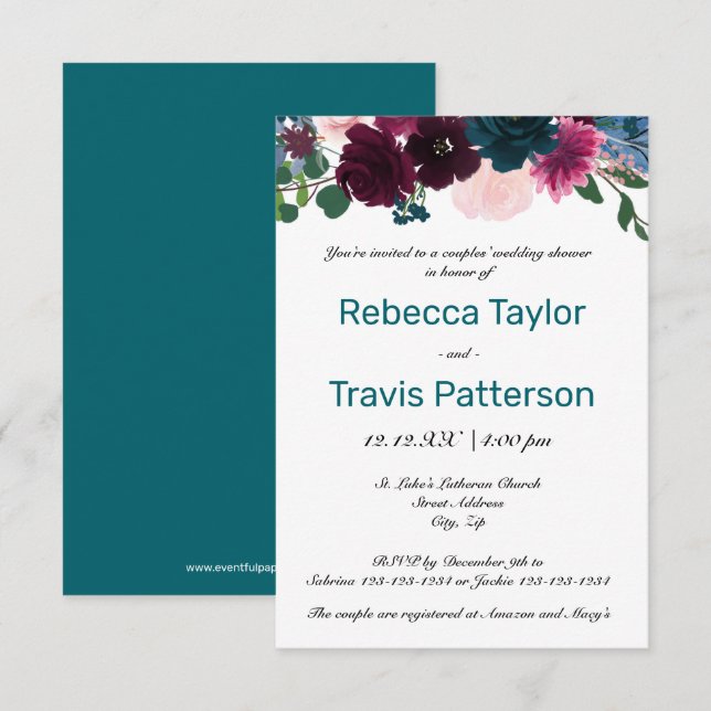 Floral Blooms Teal - 3x5 Couples' Wedding Shower Invitation (Front/Back)