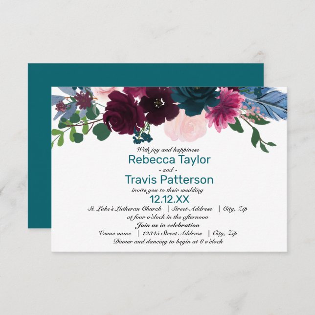 Floral Blooms Teal - 3x5 Wedding/Reception Invite (Front/Back)
