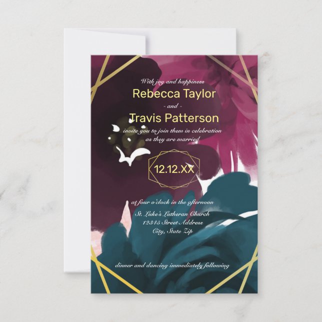 Floral Blooms Teal Watercolor - 3x5 Wedding Invite (Front)