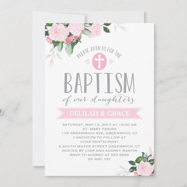Floral Blooms | TWIN GIRLS Baptism Invitation (Front)