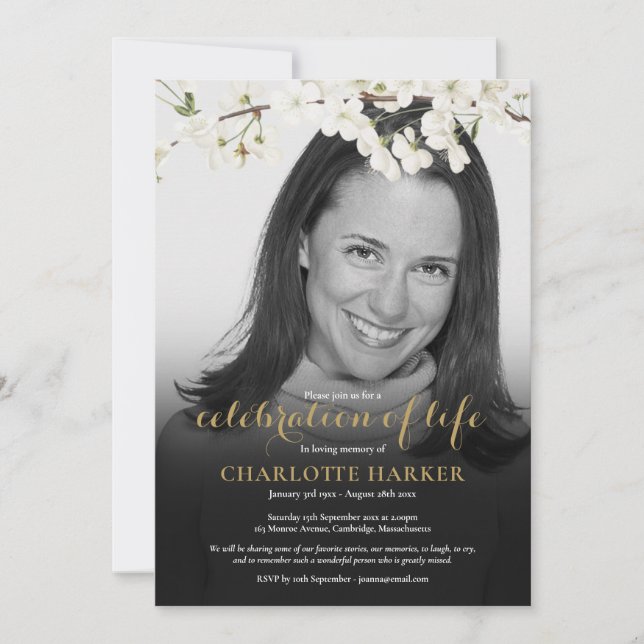 Floral Blossom Black And White Photo Funeral Invitation (Front)