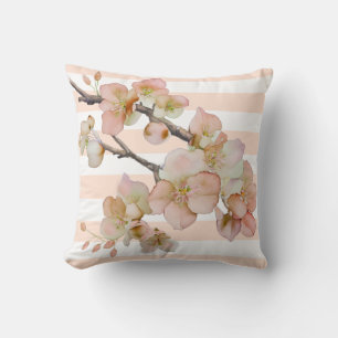 Floral blossoms soft orange peach white strips cushion