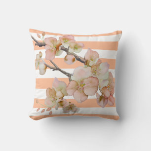 Floral blossoms soft orange peach white strips cushion