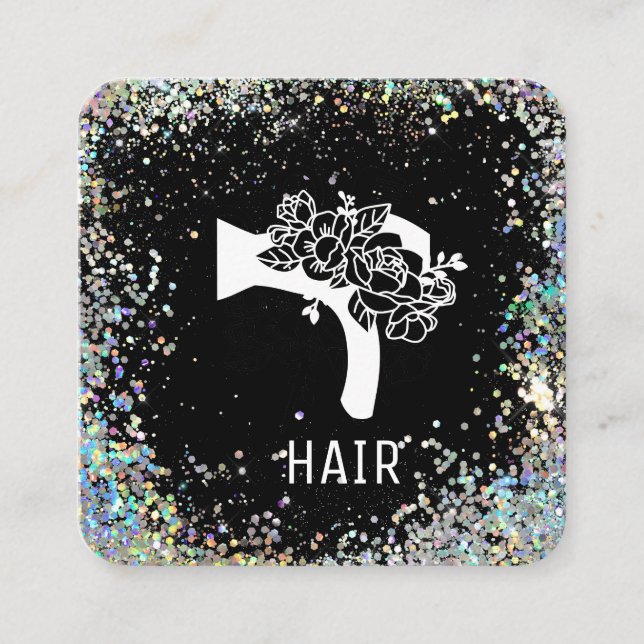 *~* Floral Blow Hair Dryer Flower Glitter  AP6 Square Business Card (Front)