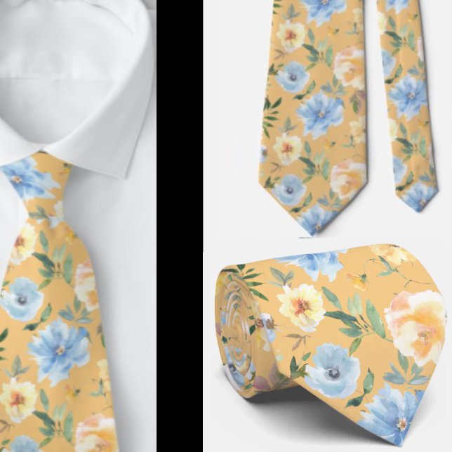 Floral Blue and Gold Flowers Neck Tie Necktie (Creator Uploaded)