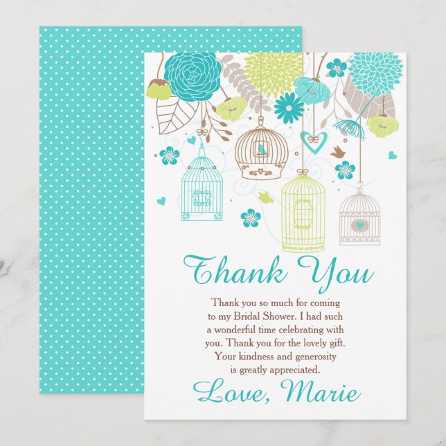 Floral Blue and Green Bridal Shower  Thank You Card (Front/Back)
