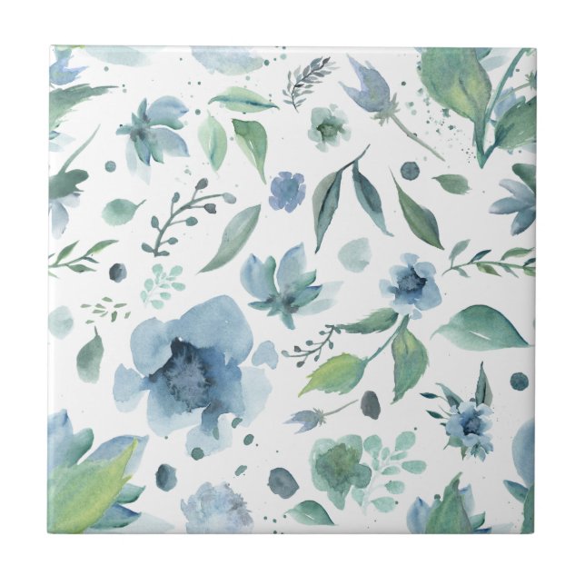 Floral Blue and Green Seamless Ceramic Tile (Front)