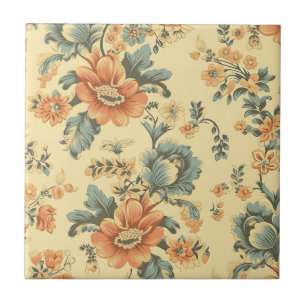 Floral Blue and Peach Botanical Tile