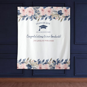 Floral Blue and Pink Graduation Photo Backdrop Tapestry