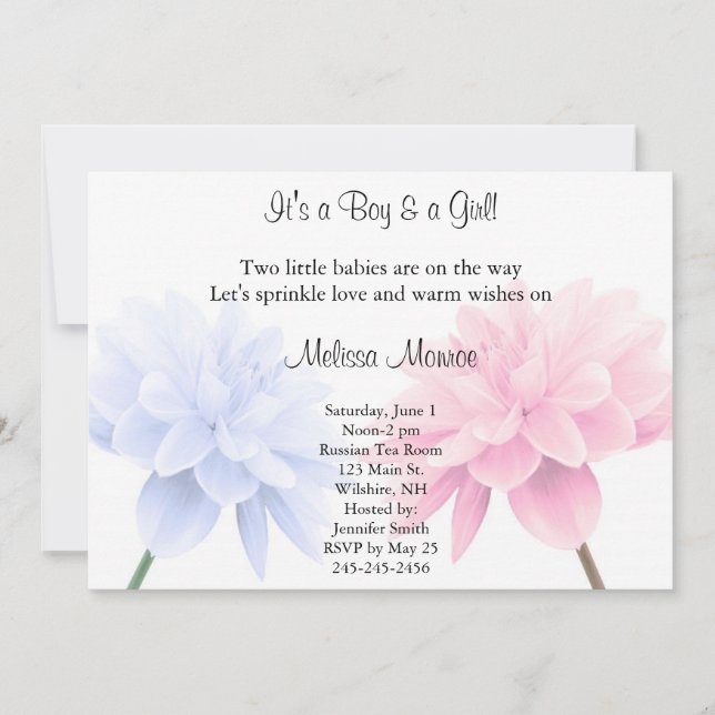 Floral Blue and Pink Twins Sprinkle Invitation (Front)