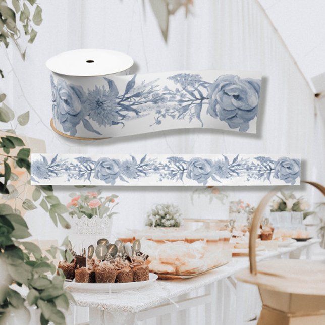 Floral Blue and White Chinoiserie Peony Bridal Satin Ribbon (Creator Uploaded)