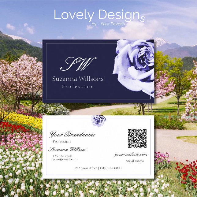 Floral Blue and White Cute Rose Initials QR Code Business Card (Creator Uploaded)