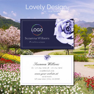 Floral Blue and White Cute Rose with Logo Simple Business Card