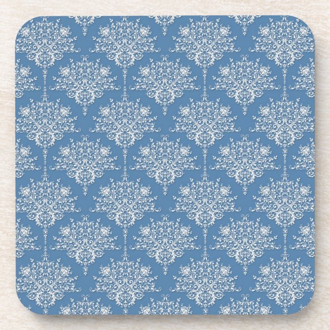 Floral Blue and White Damask Coaster (Front)