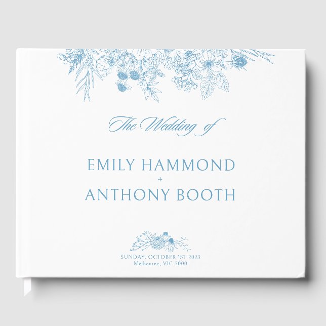 Floral Blue and White elegant wedding guest book (Front)