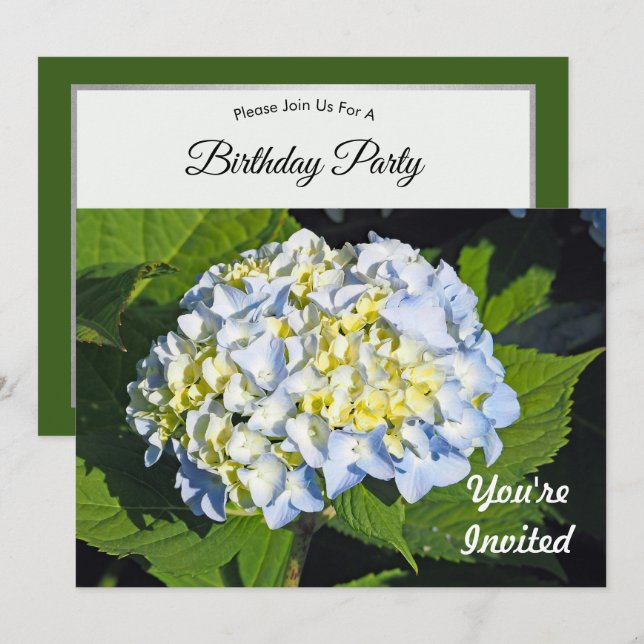 Floral Blue and Yellow Hydrangea Photo Birthday Invitation (Front/Back)