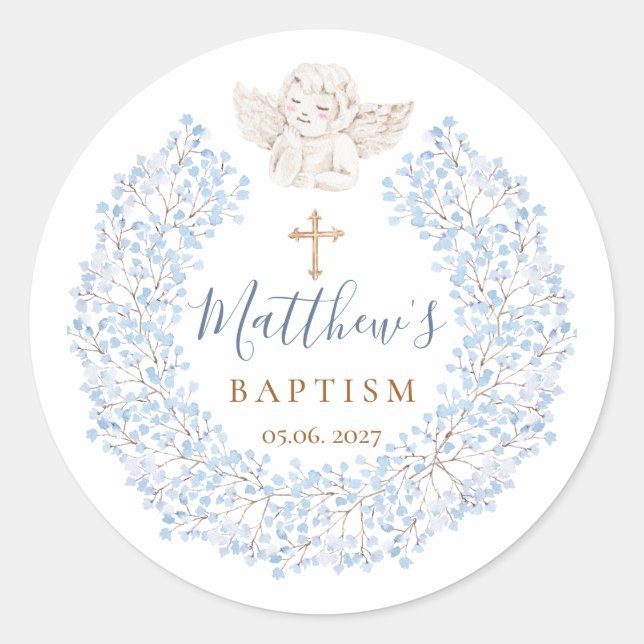 Floral Blue Baby Angel Cross Baptism Classic Round Sticker (Front)