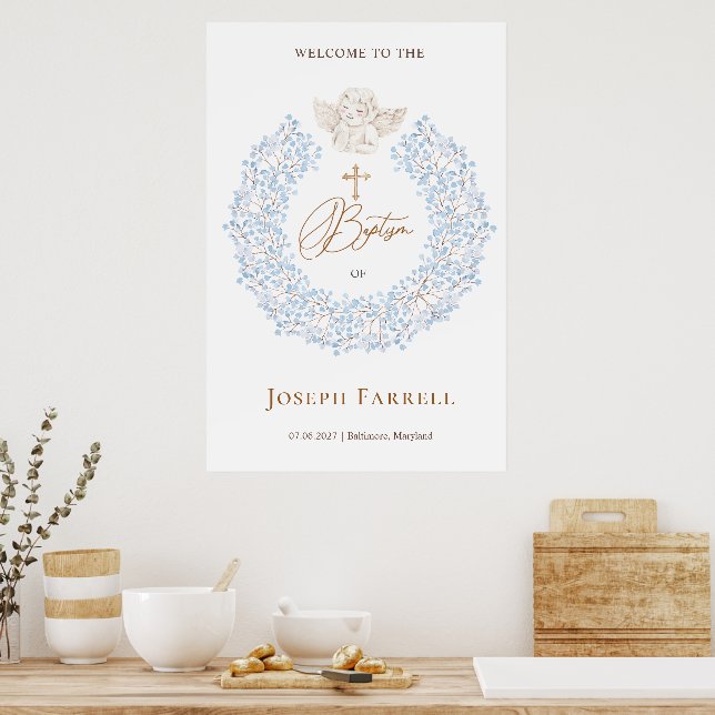 Floral Blue Baby Angel Cross Baptism Poster (Kitchen)