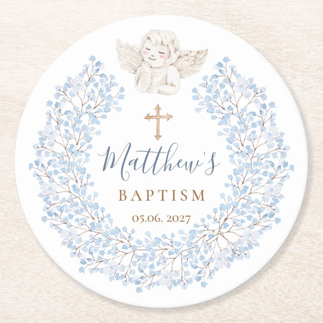 Floral Blue Baby Angel Cross Baptism Round Paper Coaster (Front)