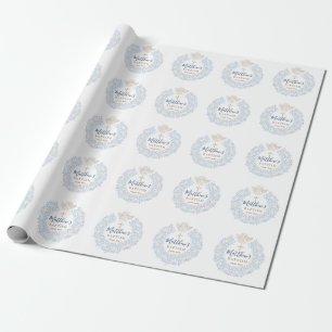 Floral Blue Baby Angel Cross Baptism Wrapping Paper