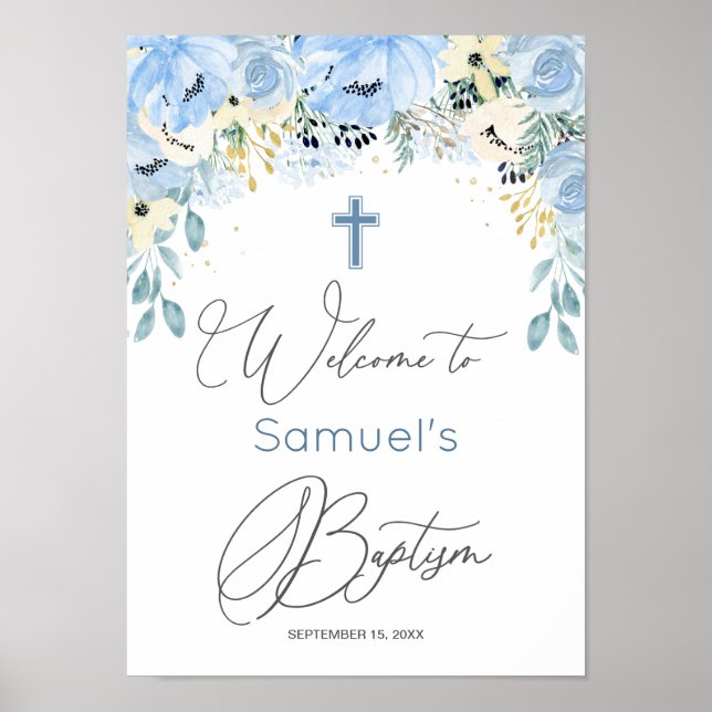 Floral Blue Baby Boy Baptism Poster (Front)