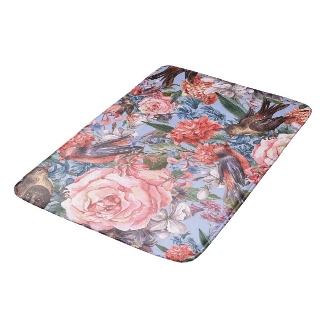 Floral Blue Background Roses Hyacinth Wild Flowers Bath Mat (Angled)