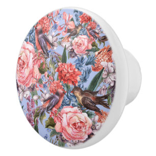 Floral Blue Background Roses Hyacinth Wild Flowers Ceramic Knob