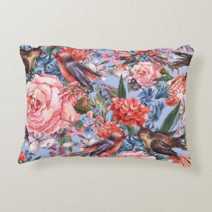 Floral Blue Background Roses Hyacinth Wild Flowers Decorative Cushion