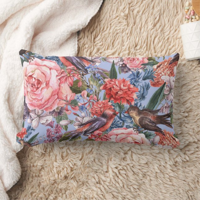 Floral Blue Background Roses Hyacinth Wild Flowers Lumbar Cushion (Blanket)