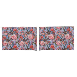 Floral Blue Background Roses Hyacinth Wild Flowers Pillowcase