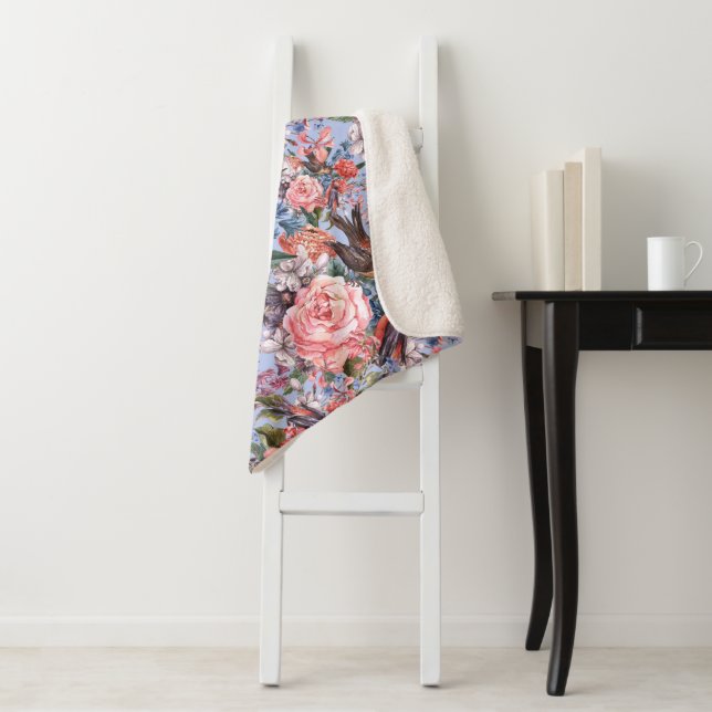 Floral Blue Background Roses Hyacinth Wild Flowers Sherpa Blanket (In Situ)