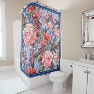 Floral Blue Background Roses Hyacinth Wild Flowers Shower Curtain