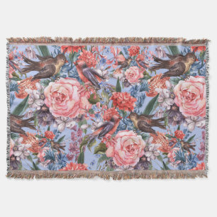 Floral Blue Background Roses Hyacinth Wild Flowers Throw Blanket