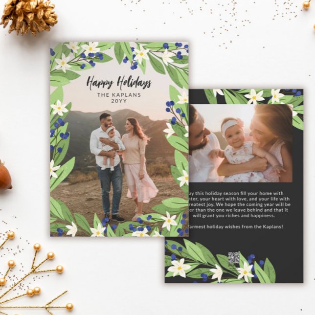 Floral Blue Berries Greenery Frame Happy Holidays Holiday Card (Creator Uploaded)