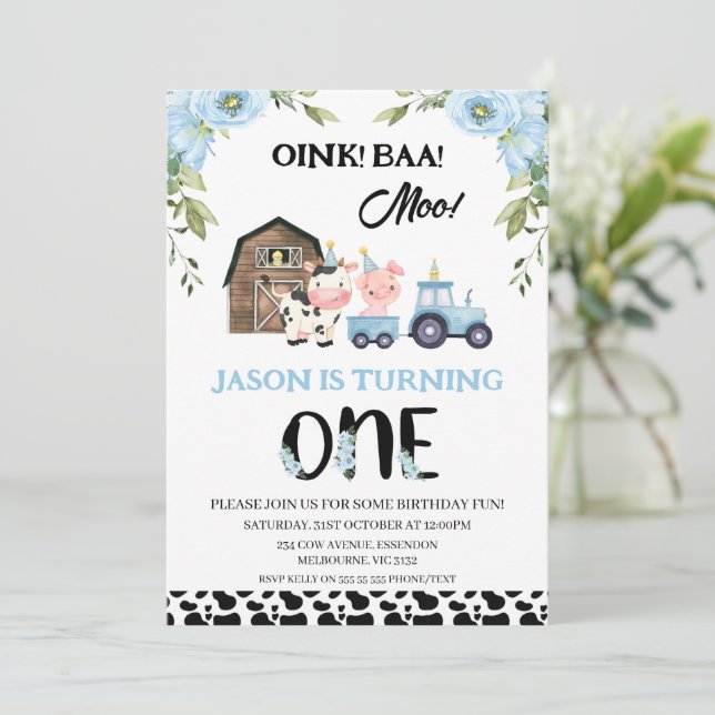 Floral Blue Black Cow Print Farm 1st Birthday Invitation (Standing Front)