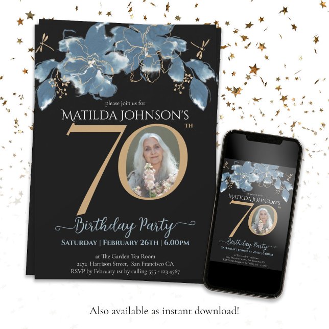 Floral Blue Black Gold Custom Photo 70th Birthday  Invitation (70th Birthday Floral Blue Black Gold Custom Photo Invitation)