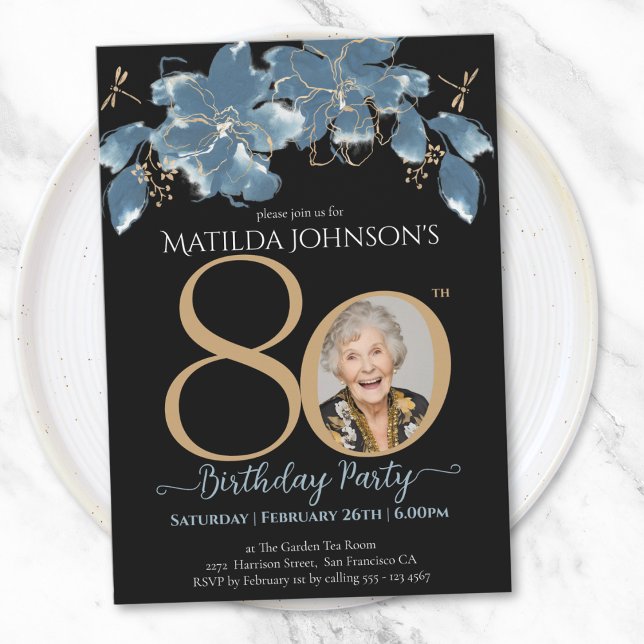 Floral Blue Black Gold Custom Photo 80th Birthday Invitation (Floral Blue Black Gold Custom Photo 80th Birthday Invitation)